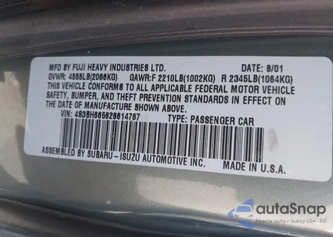 2002 Subaru Outback z USA, uszkodzony, nr VIN 4S3BH665626614767